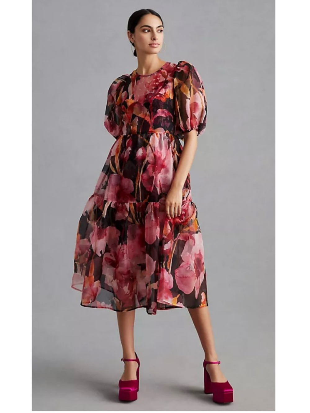 Anthropologie Organza Sheer Floral Puff Sleeve Tiered Swing Midi Dress Medium